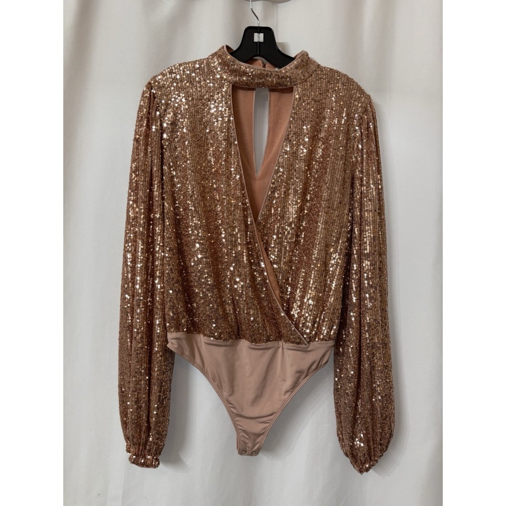 Tularosa Pink Rose Gold Sequin Body Suit Long Sleeve Medium O-3